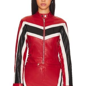 NWT Superdown Red and Black Leather Cropped Color block Bomber Jacket Size S